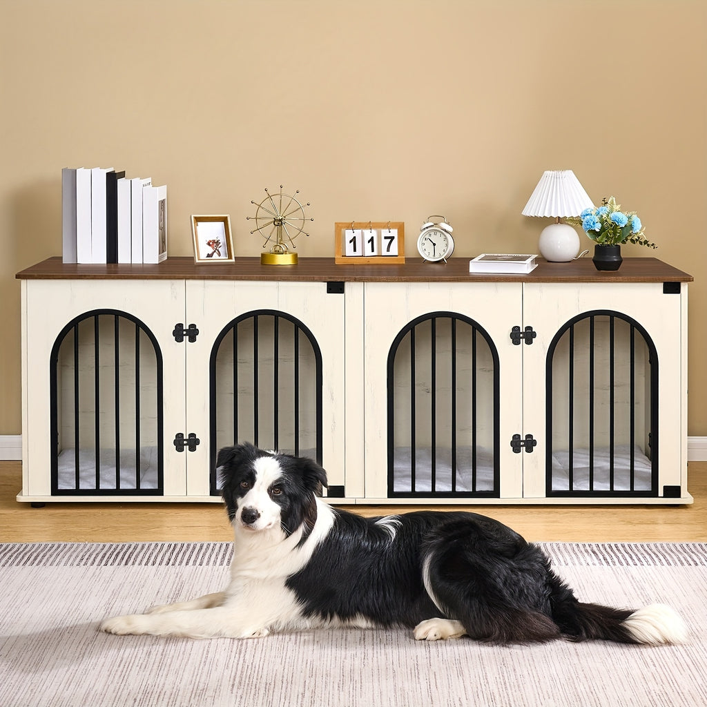 71" Heavy Duty Dog Kennels | Wooden Dog Crate Furniture for 2 Dogs, Small/Medium/Large, with Divider, Pads, Side Table, TV Cabinet, Anti-Chew, Anti-Escape, Black Golden/Greige/White/White Brown - HZUANERI