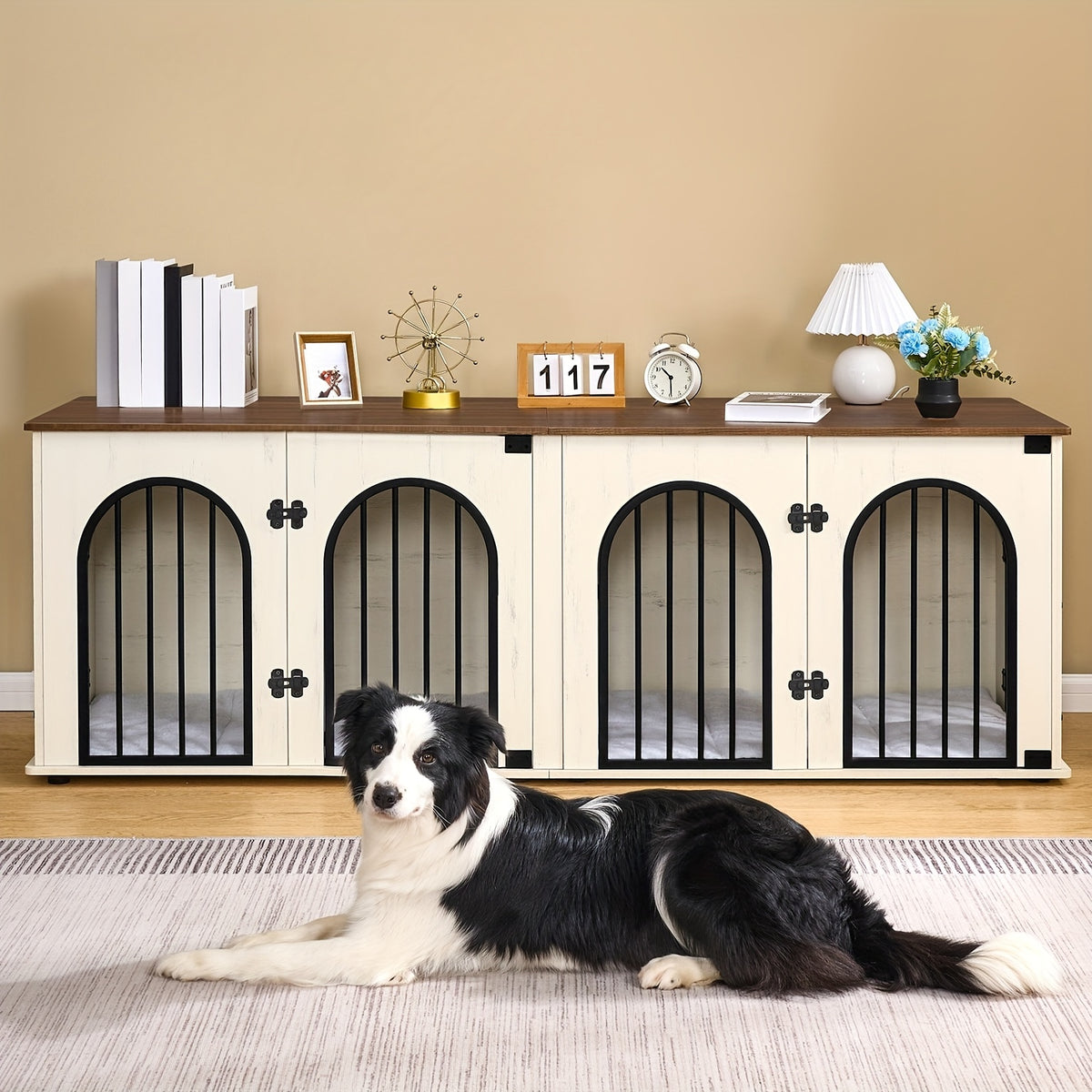 71" Heavy Duty Dog Kennels | Wooden Dog Crate Furniture for 2 Dogs, Small/Medium/Large, with Divider, Pads, Side Table, TV Cabinet, Anti-Chew, Anti-Escape, Black Golden/Greige/White/White Brown - HZUANERI