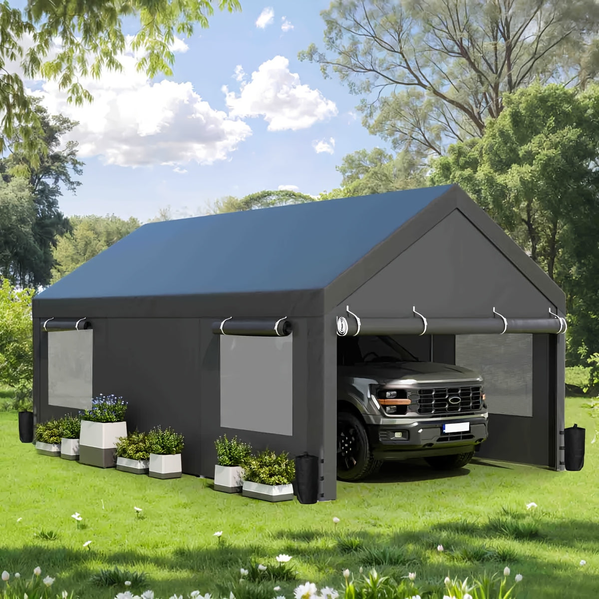 JAMFLY Sturdy Carport Featuring Roll-Up Ventilated Windows, Outdoor Canopy, Portable Garage Gazebo Equipped with Detachable Sidewalls & Doors for Vehicles, Truck, Boat, All-Season Tarp Car Canopy