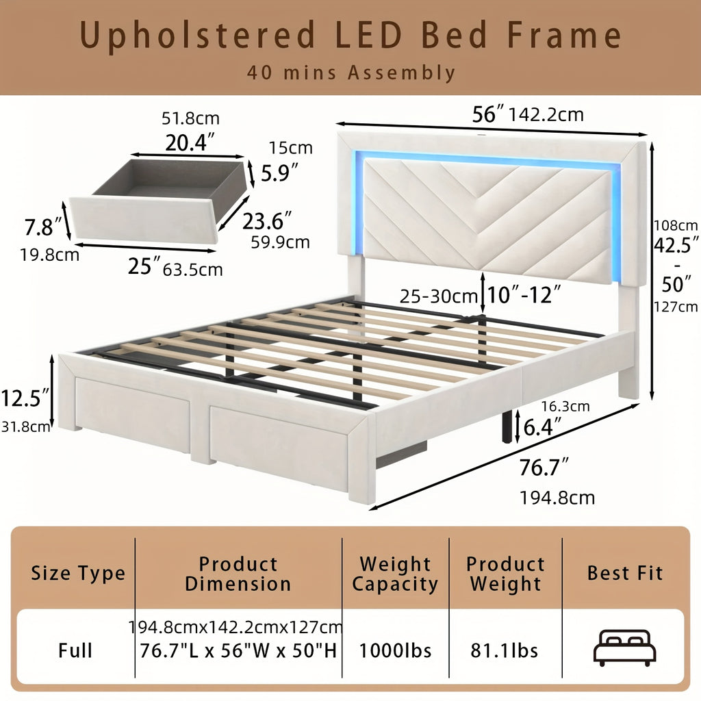 Platform Bed Frame with LED Adjustable Headboard, Upholstered Bed Frame with Storage Drawers And Charging Station, Twin, Full, Queen, No Box Spring Needed, Noise Free