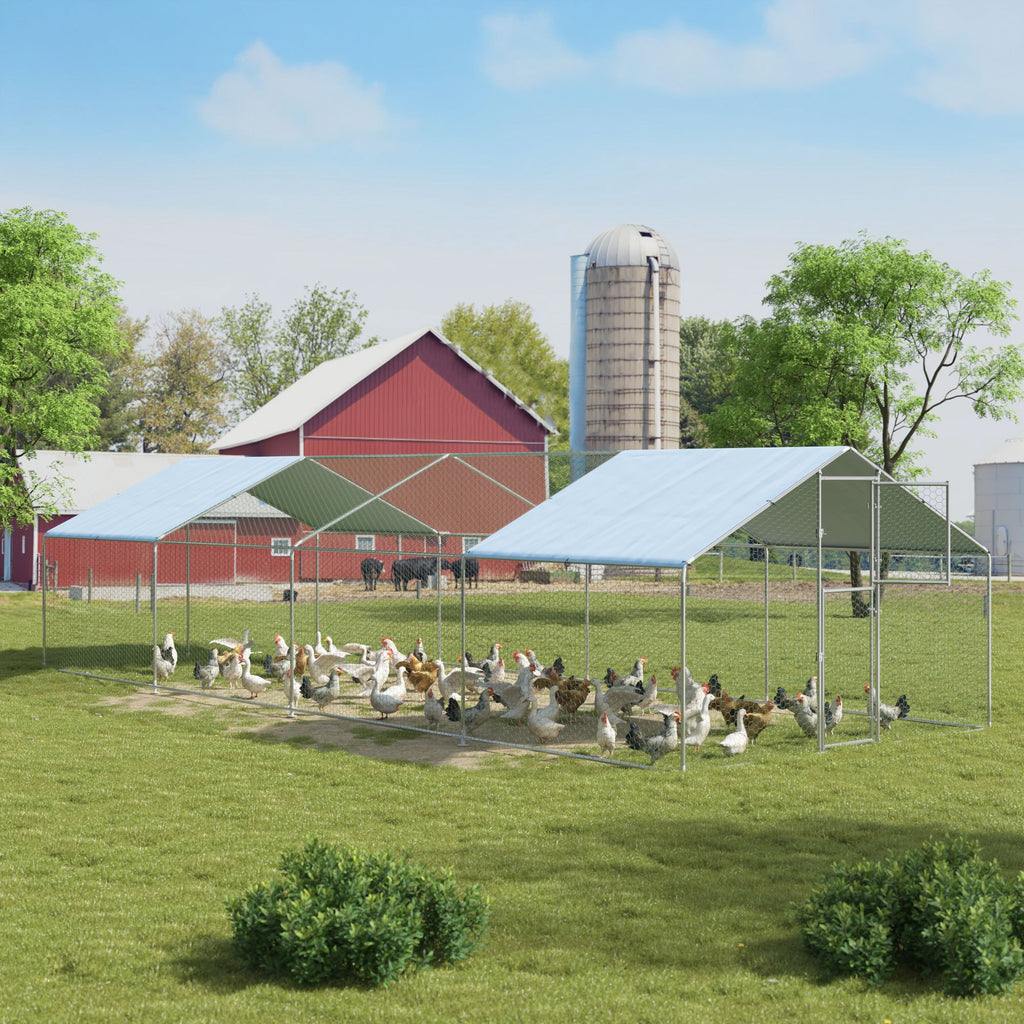 Walk-In Chicken Run with Feeding Port and UV-Resistant Cover, Galvanized Outdoor Poultry Enclosure