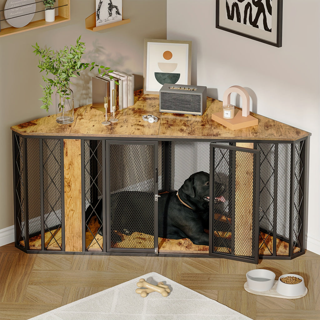 66 Inch Heavy-Duty Large Corner Dog Crate - XL Wood Kennel Cage with Double Doors & Lockable Panels, Spacious Multi-Section Furniture Pet Enclosure for Dogs (Great Danes, Mastiffs) - Sturdy Modern Design /Outdoor Use