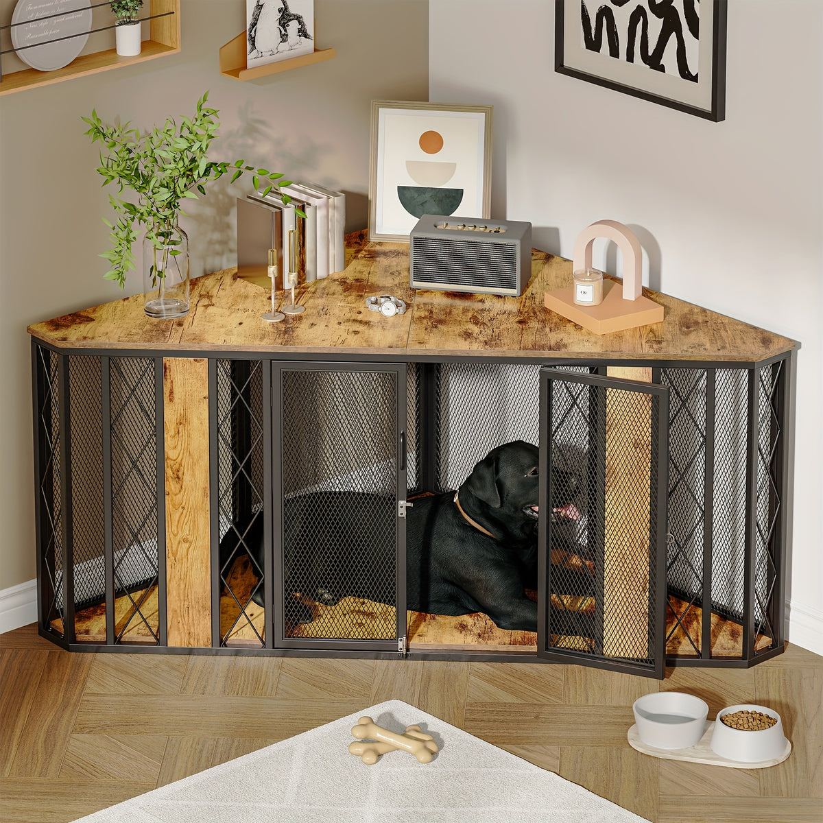 66 Inch Heavy-Duty Large Corner Dog Crate - XL Wood Kennel Cage with Double Doors & Lockable Panels, Spacious Multi-Section Furniture Pet Enclosure for Dogs (Great Danes, Mastiffs) - Sturdy Modern Design /Outdoor Use
