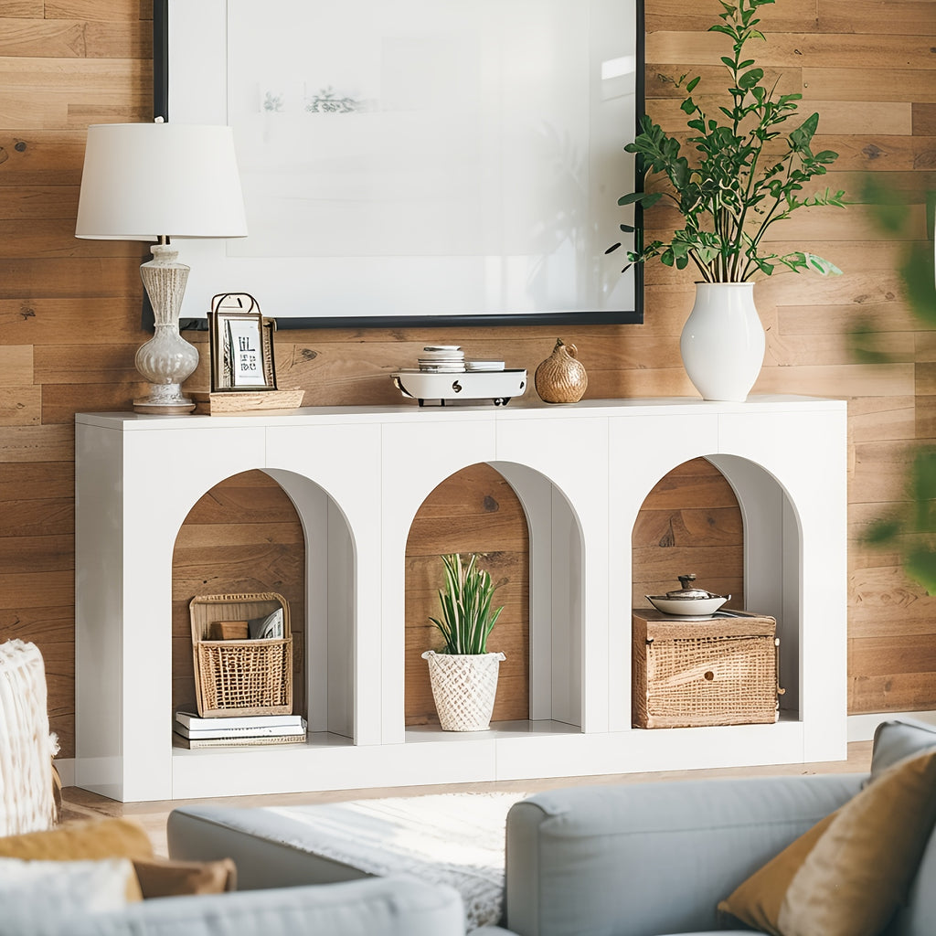 70.86" Console Table with Storage, Narrow Entryway Table with Arched Open Shelf, Farmhouse Sofa Table Behind Couch for Hallway, Living Room
