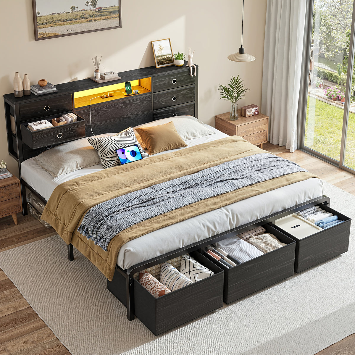 Reinforced Metal Storage Bed Frame King/Queen/Full, 8/9 Drawers & Headboard Storage, Multi-Color LED & Charging Station, Strong Load-Bearing, Noiseless, Easy Assembly, Black/Tiger Brown