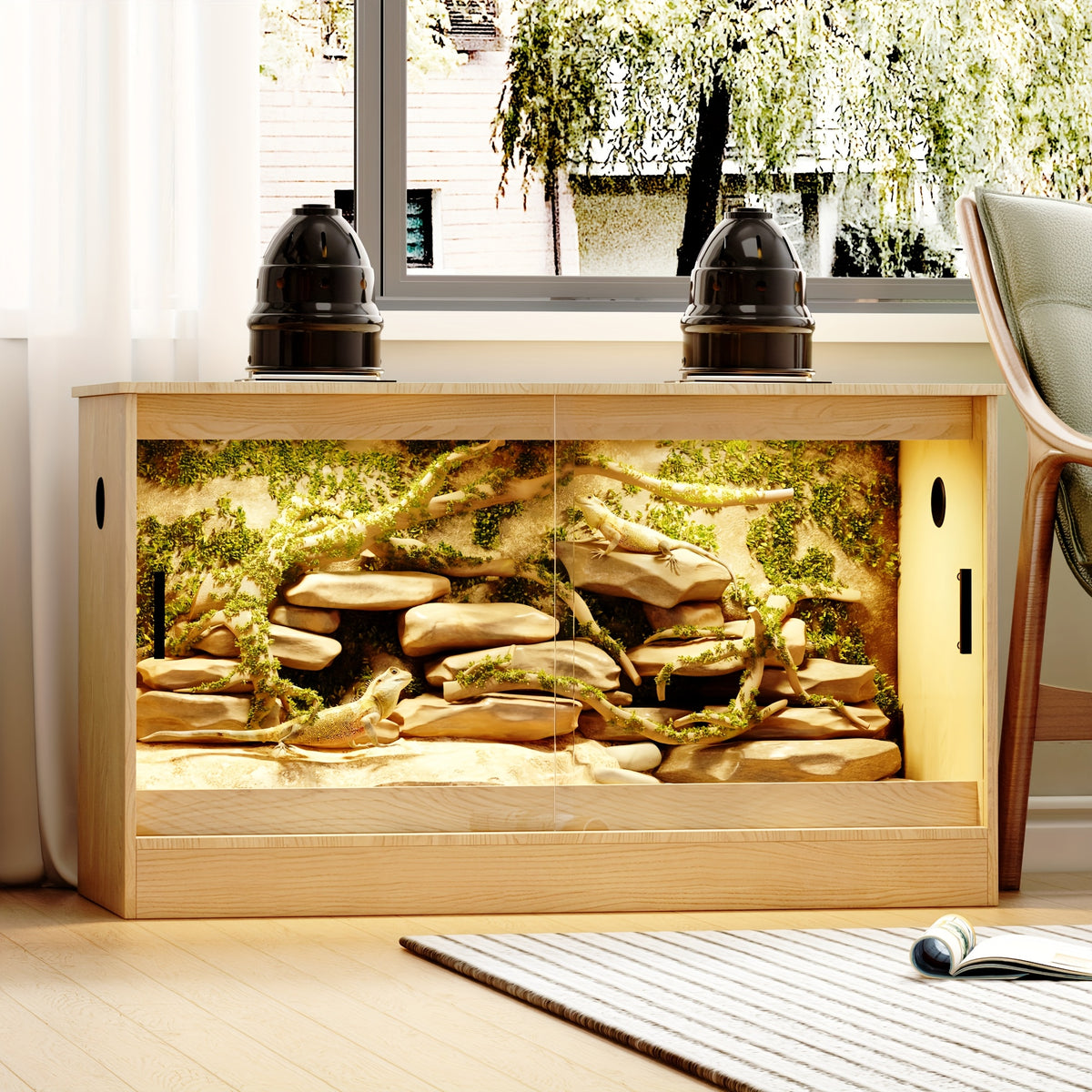 Large Reptile Enclosure with Sliding Glass Doors, Ventilated Terrarium Cabinet with Dual Air Vents, Easy Access Design, for Reptiles And Amphibians, Oak