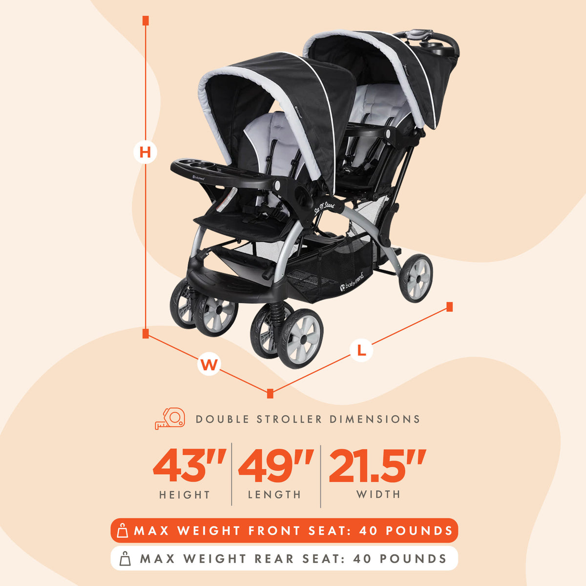 Baby Trend Double Infant and Toddler Stroller w/ Harness and Basket, Sit N' Stand, Stormy