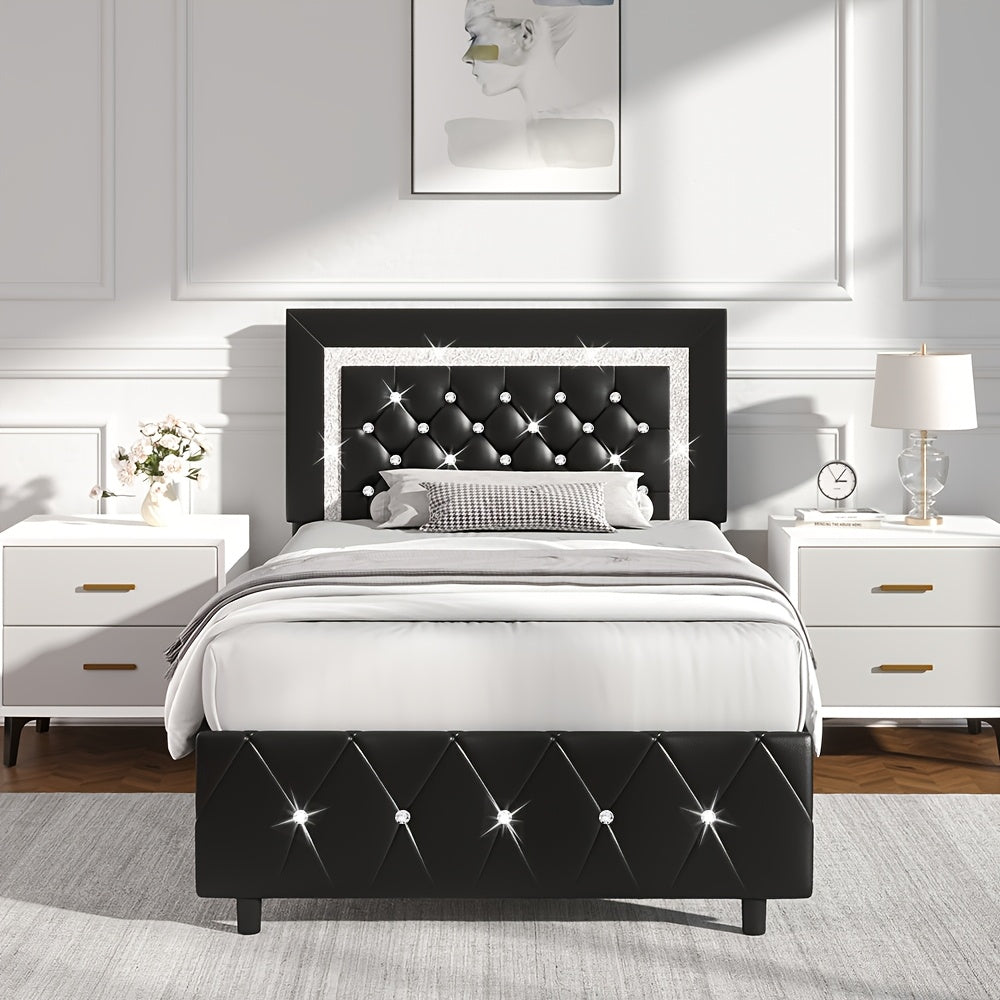 Halloween Twin Full Queen King Upholstered Bed Frame, Diamond Tufted Headboard, Faux Leather Bed Frame With Headboard & Footboard, Wooden Slats Support, No Box Spring Needed, Easy Assembly, Black/White/Pink/Green Christmas