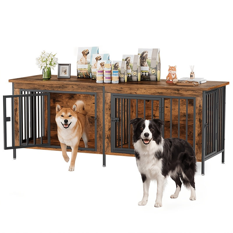 Indoor Pet Cage Furniture for Two Large Dogs, 63-Inch Double Crate with Storage Top and TV Stand Side Table