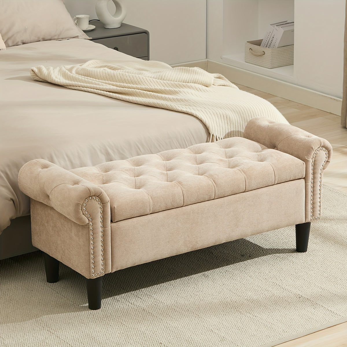Storage Ottoman with Seat, Safety Hinge Storage Bench, Chenille Fabric, Cushion Storage Bench with Seat, for Bedroom, Living Room