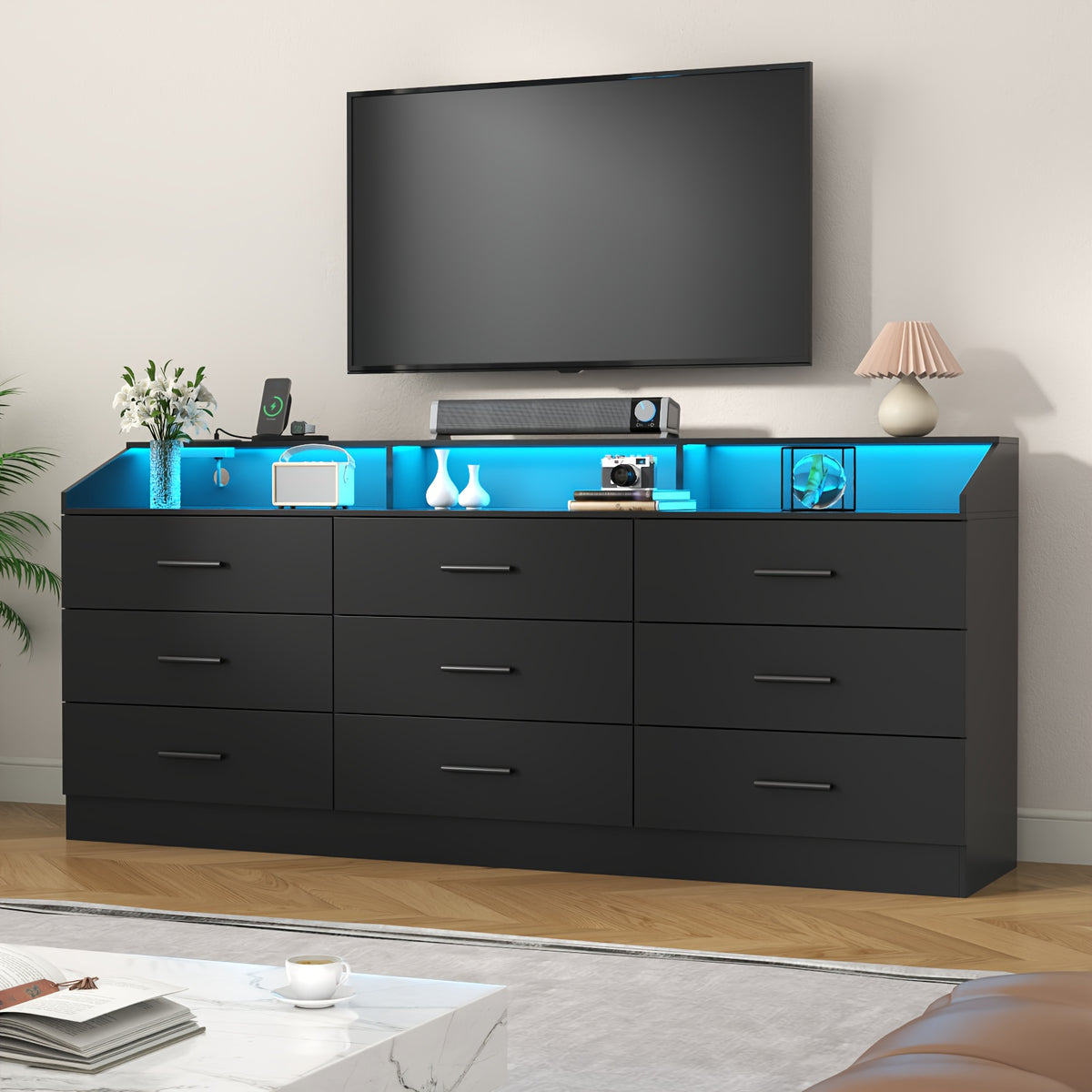 Dresser for Bedroom, Closet Organizers And Storage, Chest Of Drawers for Bedroom, 9 Drawer Double Dresser, Storage with Power Outlet & LED Lights, Storage And Organization for Closet, Furniture for Home, Living Room Furniture, Storage Drawer Units