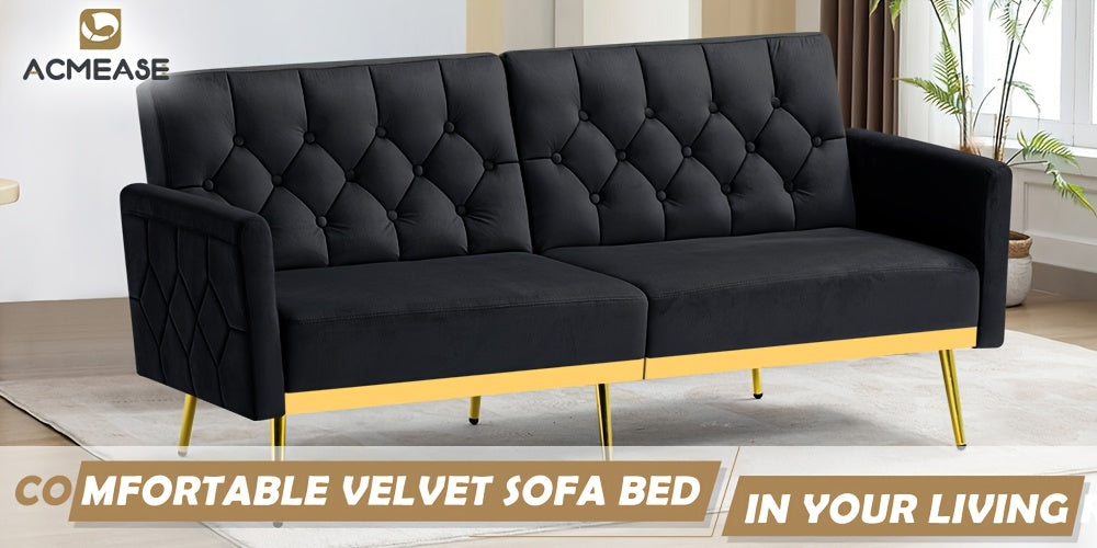ACMEASE Velvet Sofa Bed Featuring Adjustable Armrests And Backrests, a Contemporary Recliner Sleeper Couch with a Tufted Design, a Convertible Loveseat Sofa with Golden Legs Suitable for The Living Room, Bedroom, Or Studio