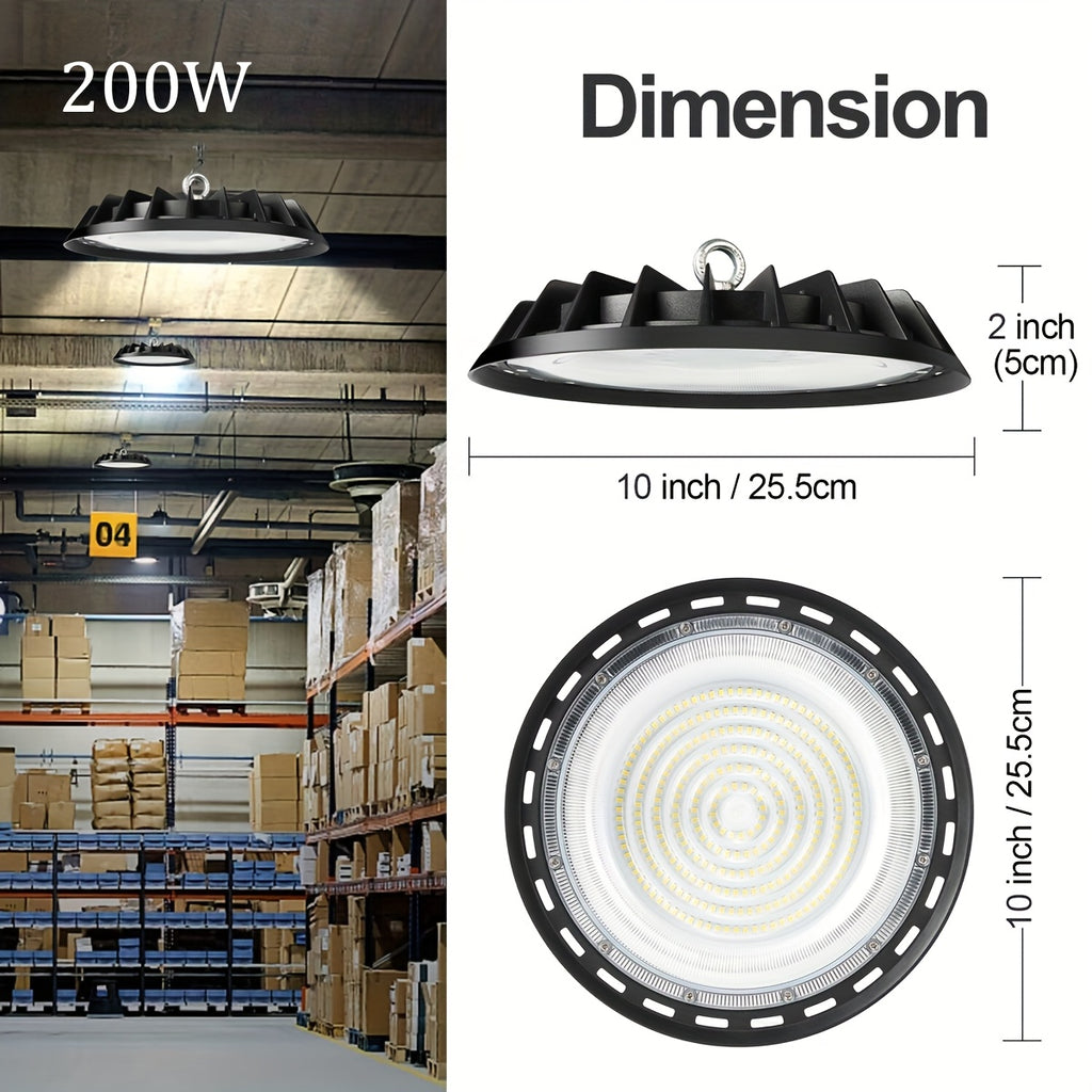 10pcs 200W UFO LED High Bay Light, Cold White 6000K, LED Commercial Lighting Fixtures, 90-277V, for Warehouse Garage Workshop Mall Factory Industrial Barn Gym, Dustproof And, with 4Ft US Plug