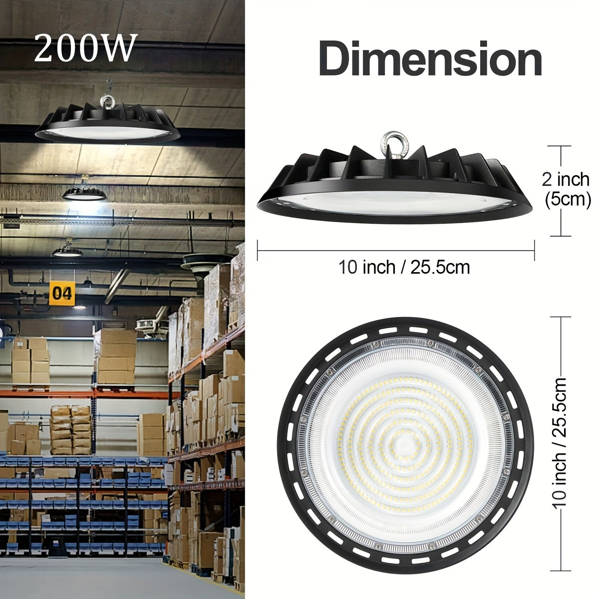 10pcs 200W UFO LED High Bay Light, Cold White 6000K, LED Commercial Lighting Fixtures, 90-277V, for Warehouse Garage Workshop Mall Factory Industrial Barn Gym, Dustproof And, with 4Ft US Plug