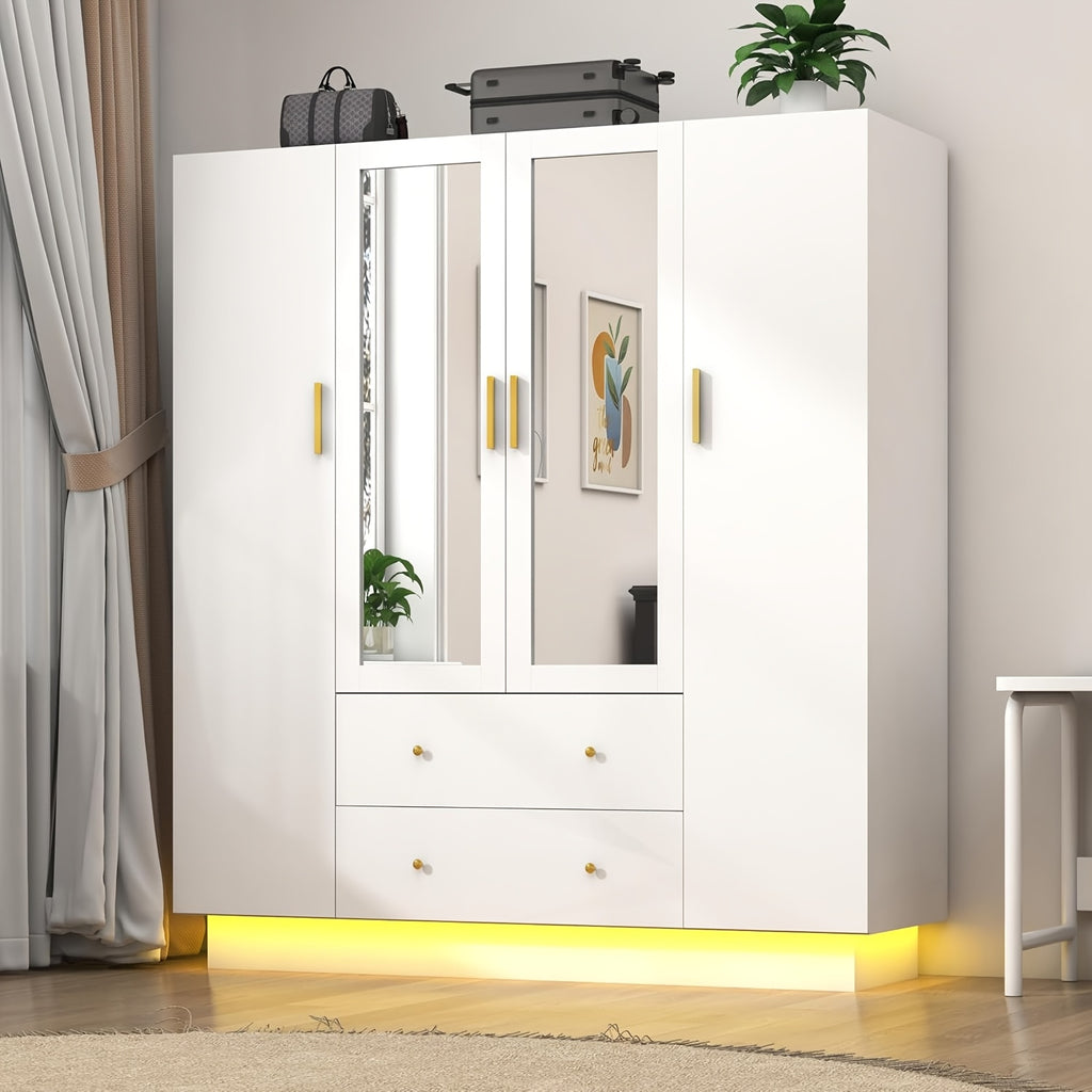 Modern Wardrobe Closet with Mirror And LED Lights, Bedroom Armoire with Drawers And Shelves, Wooden Closet Cabinet with Hanging Rod