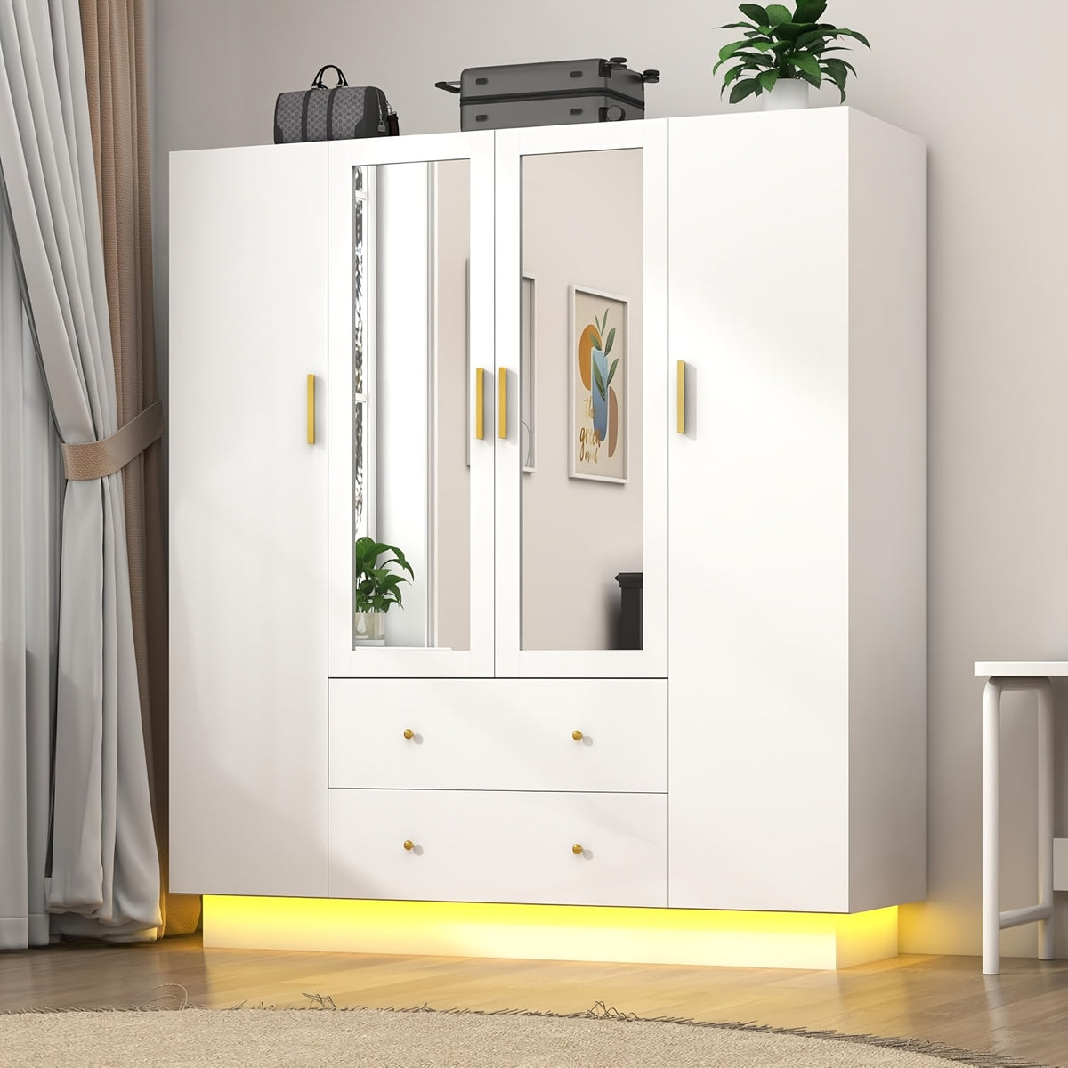 Modern Wardrobe Closet with Mirror And LED Lights, Bedroom Armoire with Drawers And Shelves, Wooden Closet Cabinet with Hanging Rod