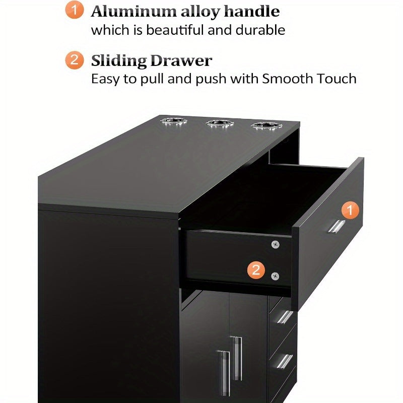 OmySalon Free Standing Barber Station Cabinet with 5 Drawers & Storage Cabinet, 3 Hair Dryer Holders, Heavy-Duty Construction - Modern Black Salon Furniture with Golden-Toned Hardware, Space-Saving Design for Hair Salons, Barber Shops, Spa & Home - Easy A