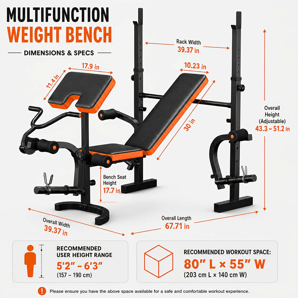 6-In-1 Professional Fitness Bench Set for Leg Extension, All-In-One Adjustable Weight Bench Full Body Strength Training, with Squat Rack, for leg Developer & Preacher Curl Pad, Ideal for Home Gym Use (Barbell Not Included)