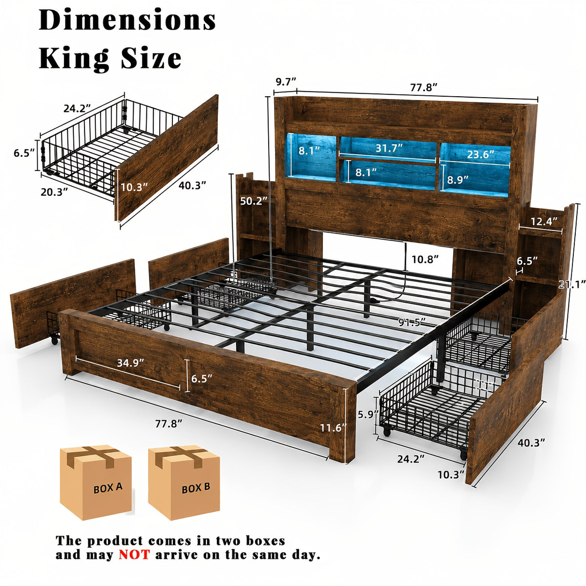 Farmhouse Wooden Bed Frame with 4 Storage Drawers, LED Bed Frame with 49" Tall Bookcase Headboard, Wood Platform Bed with Charging Station And 2 Slide Bedside Shelves