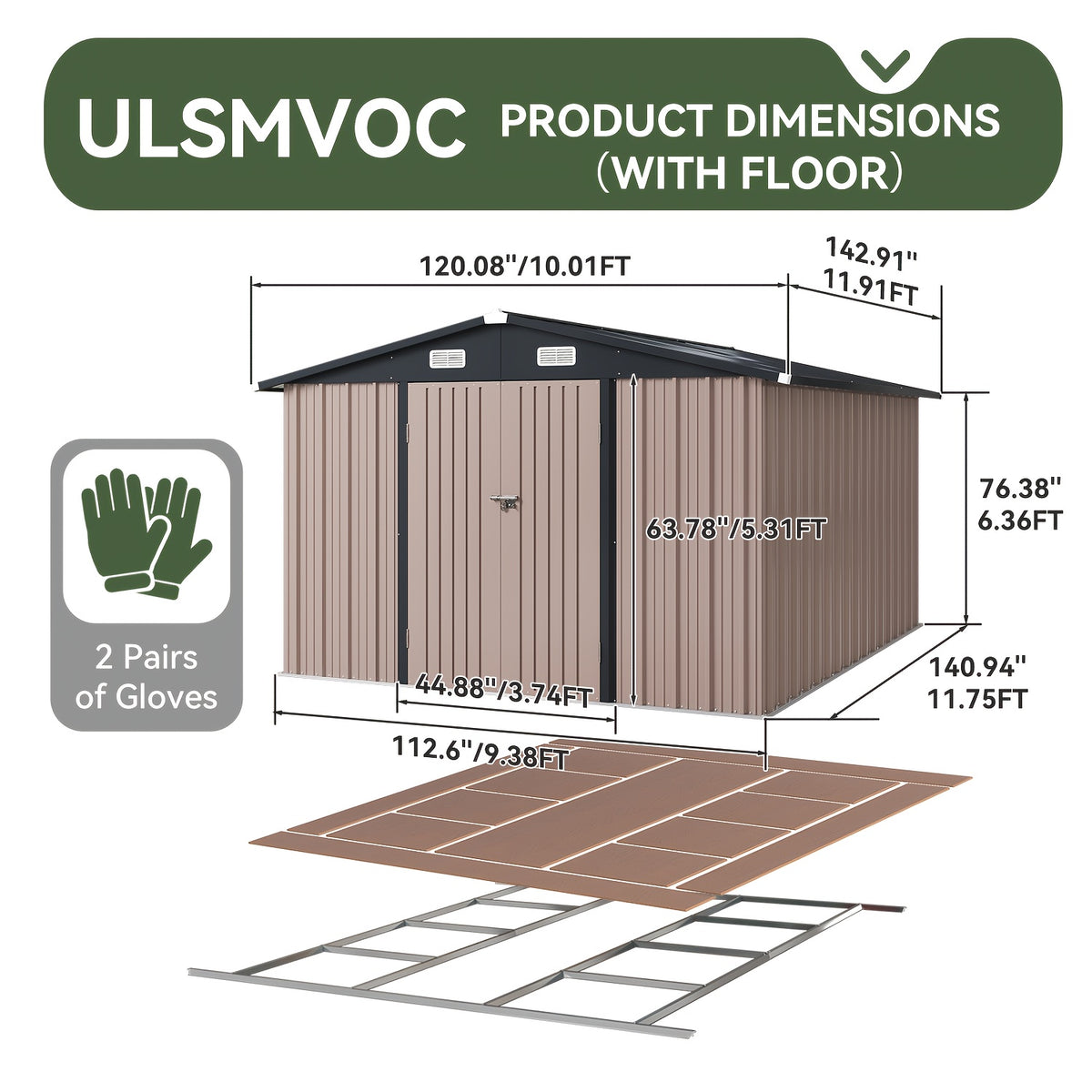 [Outdoor Storage Shed] ULSMVOC 10X12/10X8/8X6/6X4 FT Outdoor Storage Shed With Floor - Metal Garden Shed With Lockable Door And Sloped Roof For Garden, Backyard, Patio, And Backyard Brown