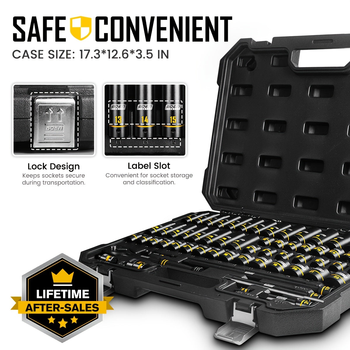 [60pcs Socket Set] BOEN 60pcs 3/8" Drive Impact Socket Set, 6-Point Sockets, Metric 6-22Mm & SAE 5/16"-3/4", Shallow & Deep Sockets, Ratchet Wrench Included, 7pcs 10Mm Sockets with Yellow Embossed Marking for Automotive Repair