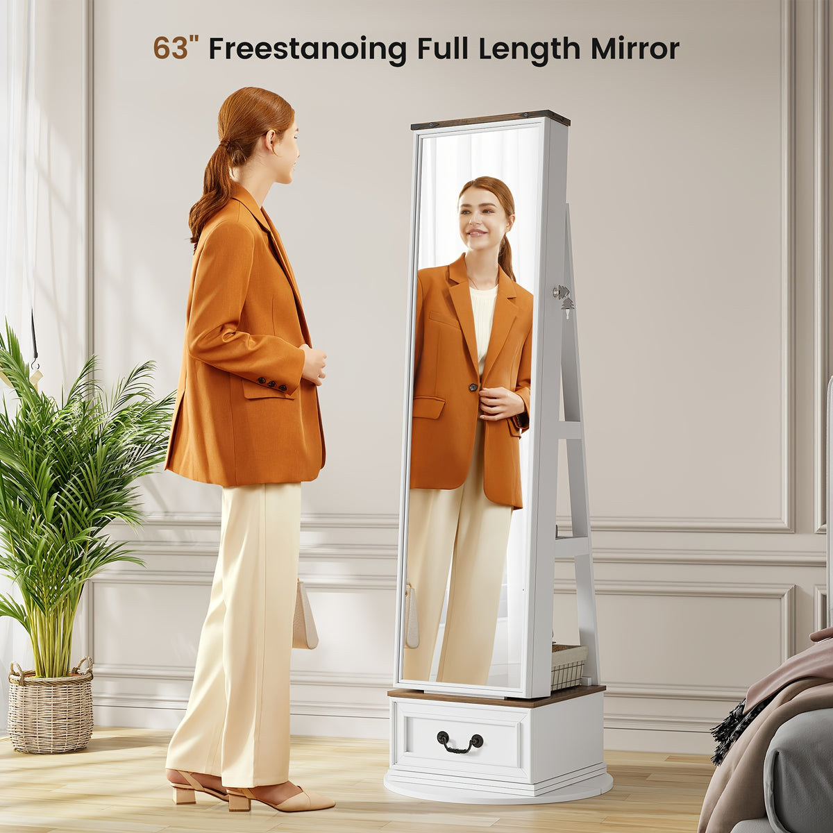 Vintage-Inspired 360° Swivel Jewelry Mirror Cabinet with Lights - Lockable, Full Length Organizer with Storage Drawer for Bedroom Decor - For Women - Perfect for Makeup & Jewelry Storage - Ideal Gift for Her