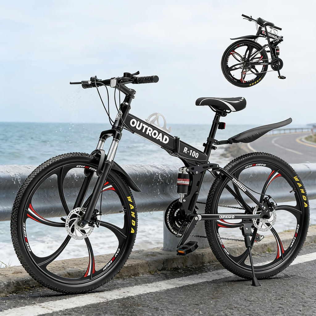 26 Inch Folding Mountain Bike, 21 Speed Full Suspension High-Carbon Steel MTB Foldable Bicycle, Dual Disc Brake Non-Slip Folding Bikes for Adults