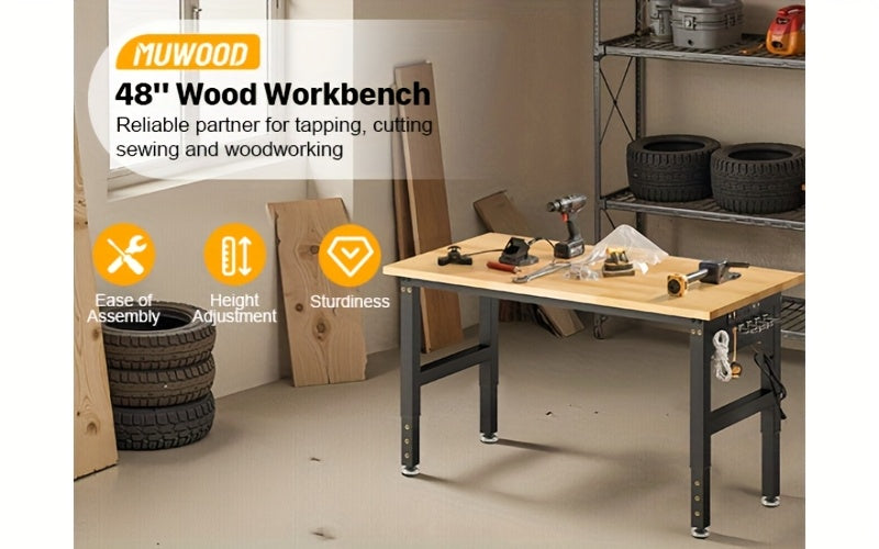 MUWOOD 48" 60" 96" Adjustable Workbench with Power Outlet, Heavy Duty Garage Table, 2000/5000 LBS Load, Pegboard & Thick Rubber Wood Top, Height Adjustable 28"-40" for Workshop, Home, Office