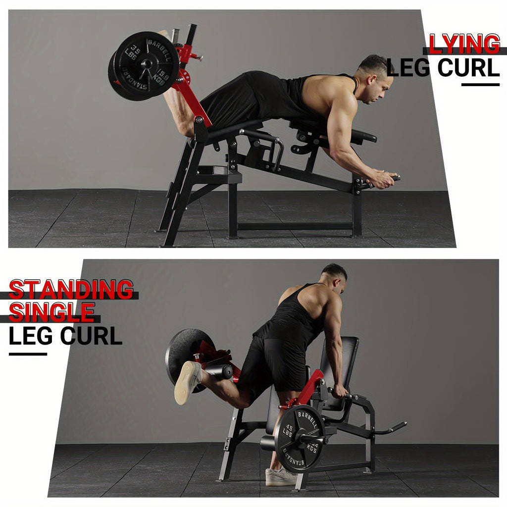 4-in-1 Adjustable Leg Exercise Bench - Single Leg Extension & Curl Machine, 350lb Capacity, Plate Loaded, Red & Black Design for Home Gym Workouts, Sturdy Construction, Leg & Thigh Lifters