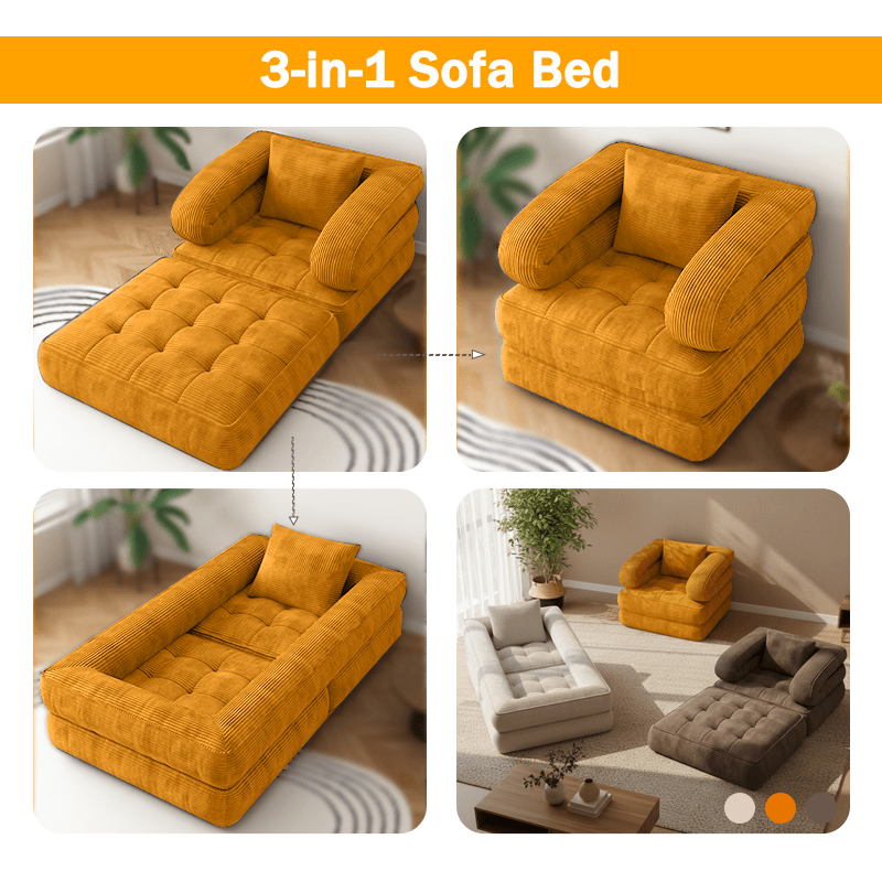 Black Friday Deal, Local Warehouse Ship 3-in-1 Compression Fold Sofa Bed, Single Convertible Chair Bed W/ Backrest & Pillow, Multi-Functional Lounge for Living Room Bedroom Apartment, for Napping, Overnight Guests, Reading & Relax, Great Gift Option