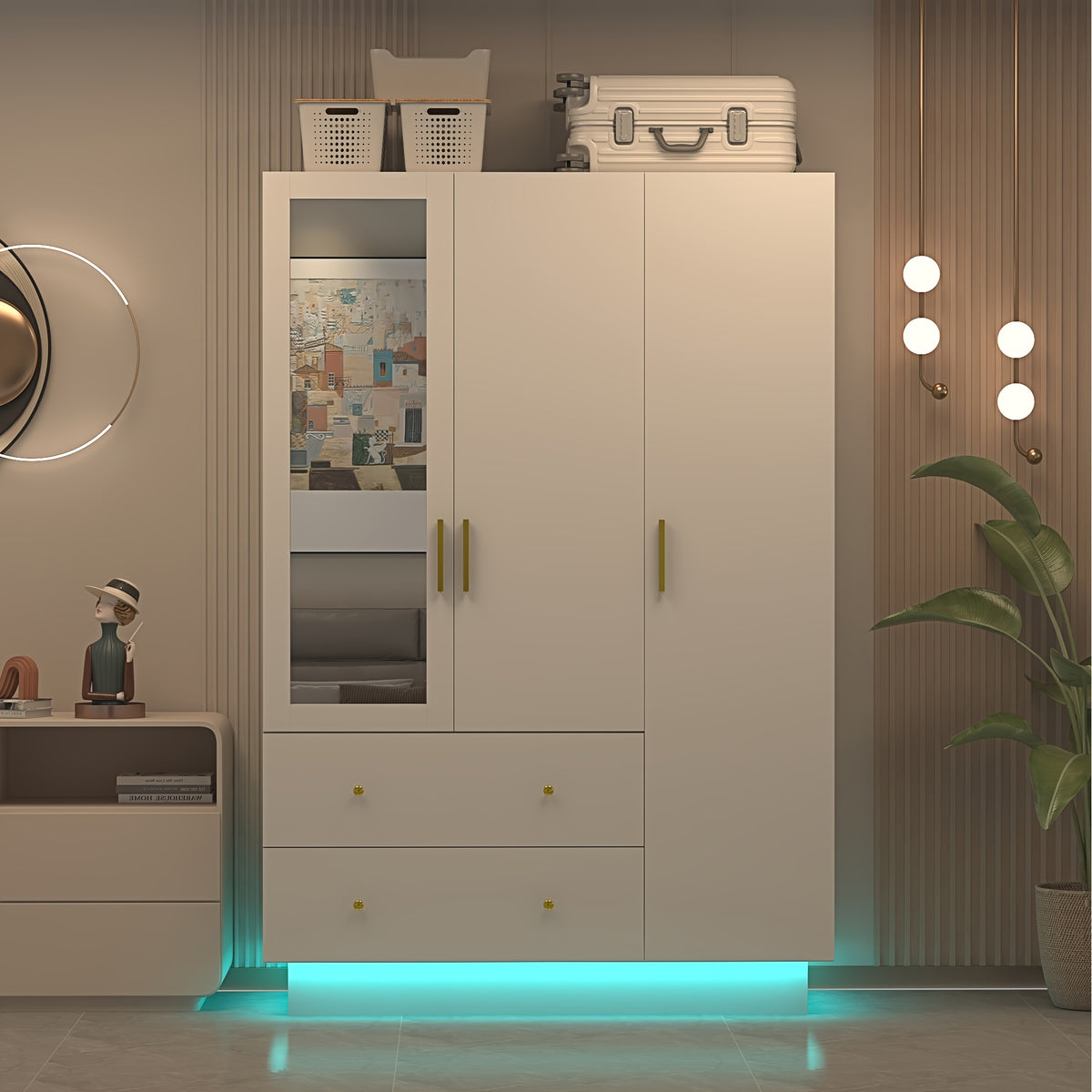 3 Doors Armoire Wardrobe Closet with Mirror, LED Armoire with Doors And Drawers, Wooden Armoire Storage Cabinet with Hanging Rod, Adjustable Shelves