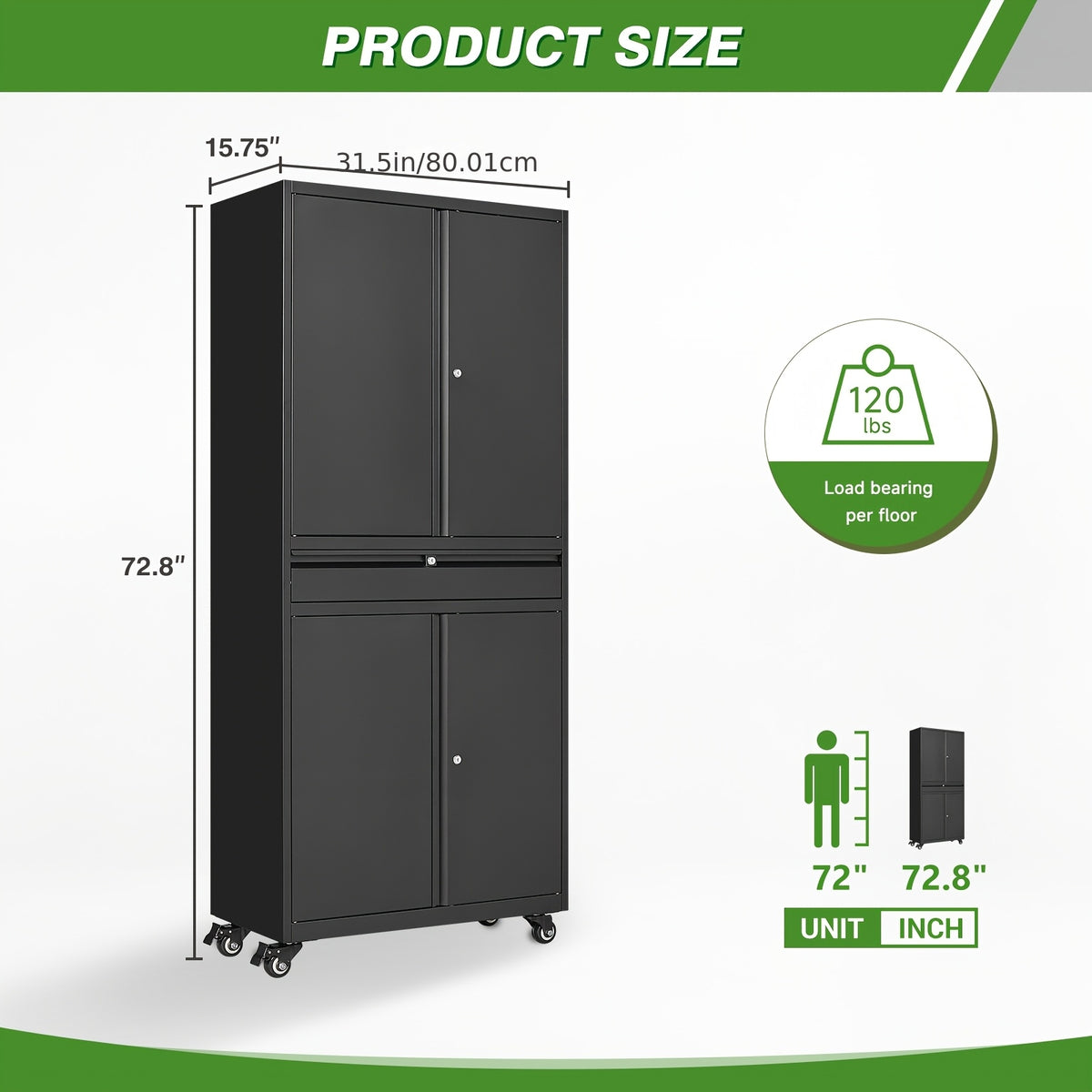73" Heavy-Duty Steel Garage Storage Cabinet with Lockable Doors & 4-Wheel Mobility System, 1-Drawer Tool Cabinet with Spacious Work Surface - Modern Floor-Standing Design for Home Garage Organization, Workshop Storage, Assembly Required (Locks Not Include