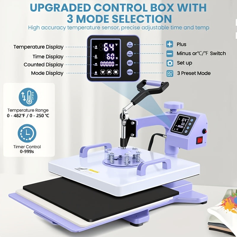 11pcs 8-in-1 - 15"x15"/12"x15" Heat Press Set for T-Shirts, Bags, Pillows, Hats, Beanies, Roller - 12"x10" T-Shirt Machine(Weight 25.35 Lbs) & 15"x15" Auto Single-Workbench & 15"x15" Auto Dual-Workbench Heat Press Only for Cloth, Shirts, Canvas Bags