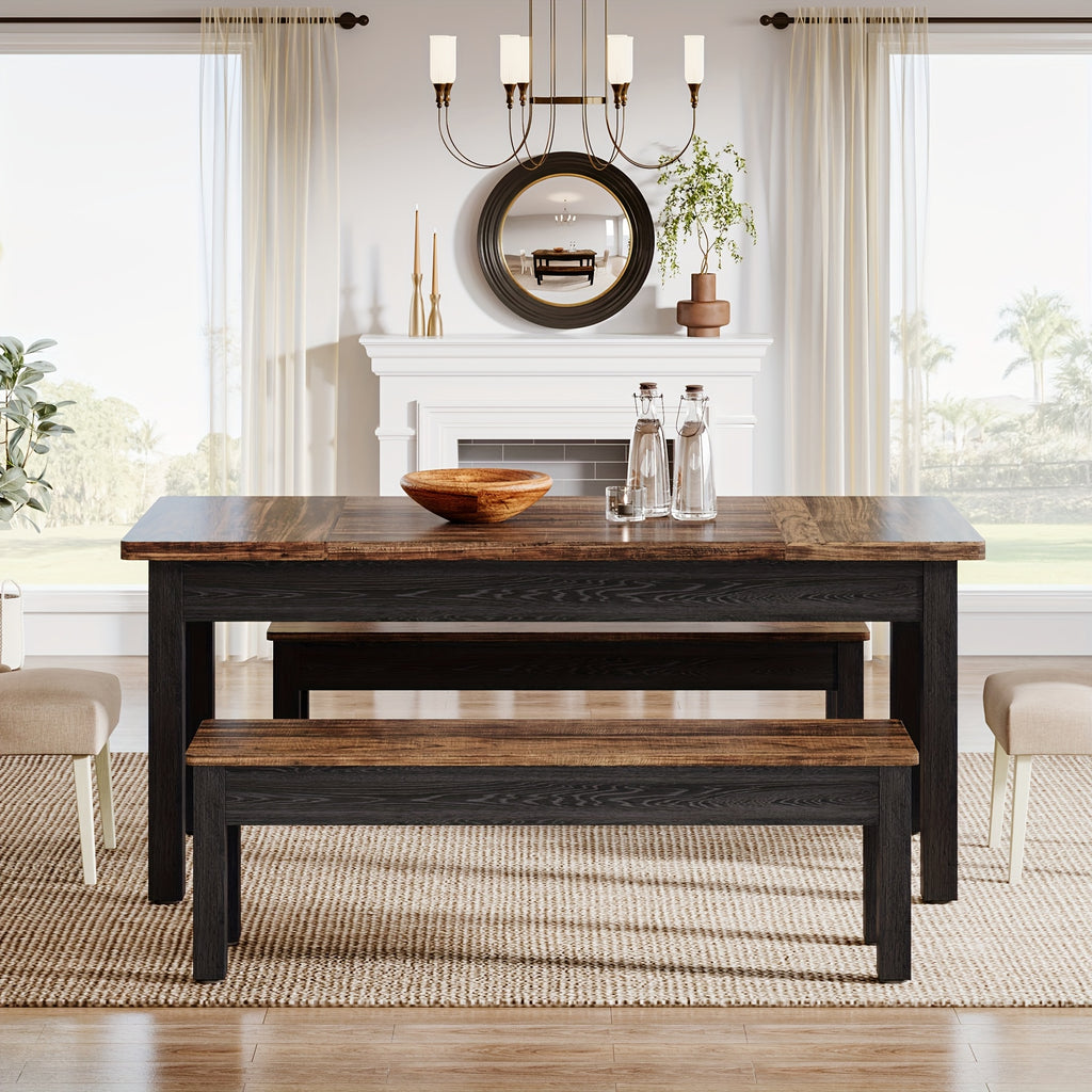 3pcs Dining Table Set with 2 Benches, 55-Inch Wood Kitchen Table Set for 4-6, Farmhouse Space-Saving Dinette for Kitchen, Dining Room