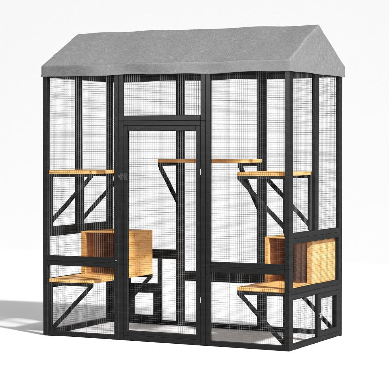 Large Cats House, Black Catio Outdoor Cat Enclosure, Cat Catio for Mulitiple Cats Walk In with Cover And Sunshine Roof, Pet Cage with 7 Platforms And 2 Resting Box, 72 Inch