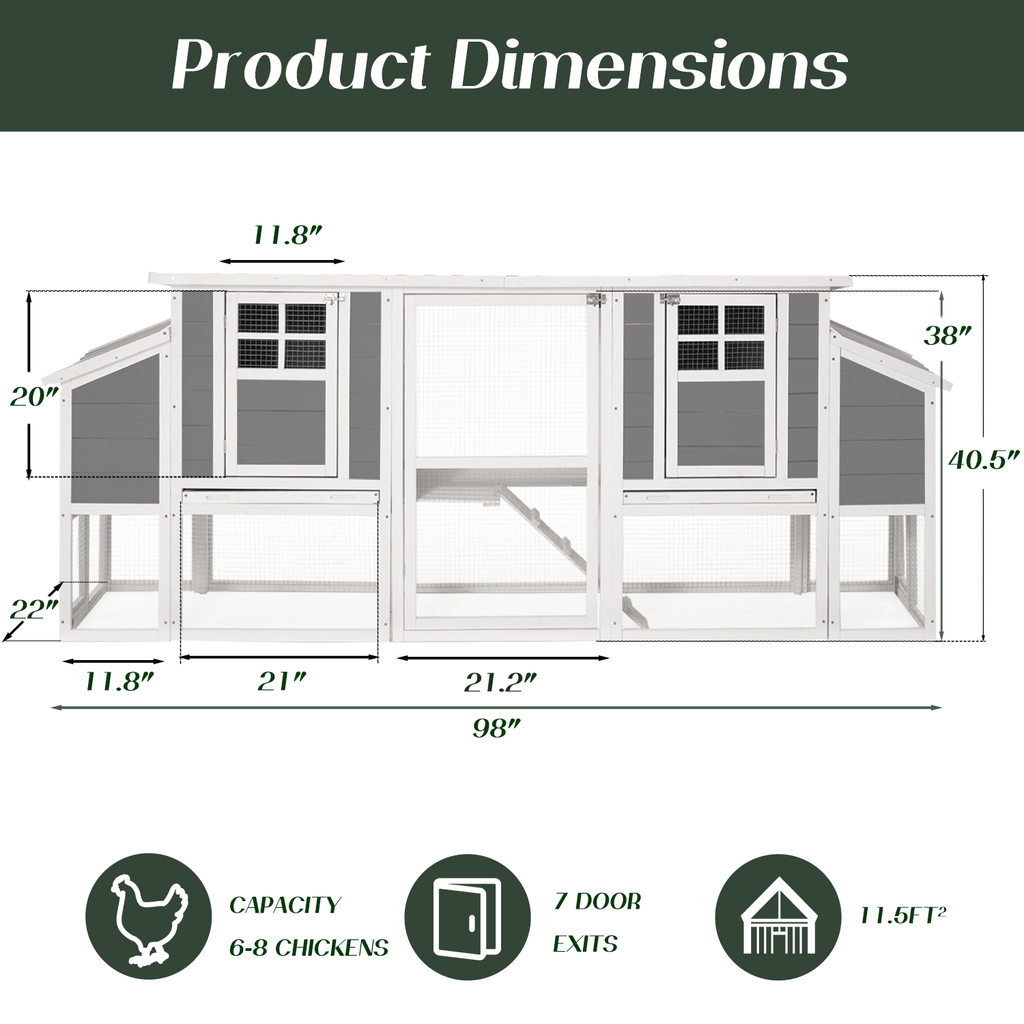 98" Large Chicken Coop For 6-8 Chickens | Wooden Chicken Hutch With Nesting Boxes, Outdoor Hen House Chicken Cage By Yodolla