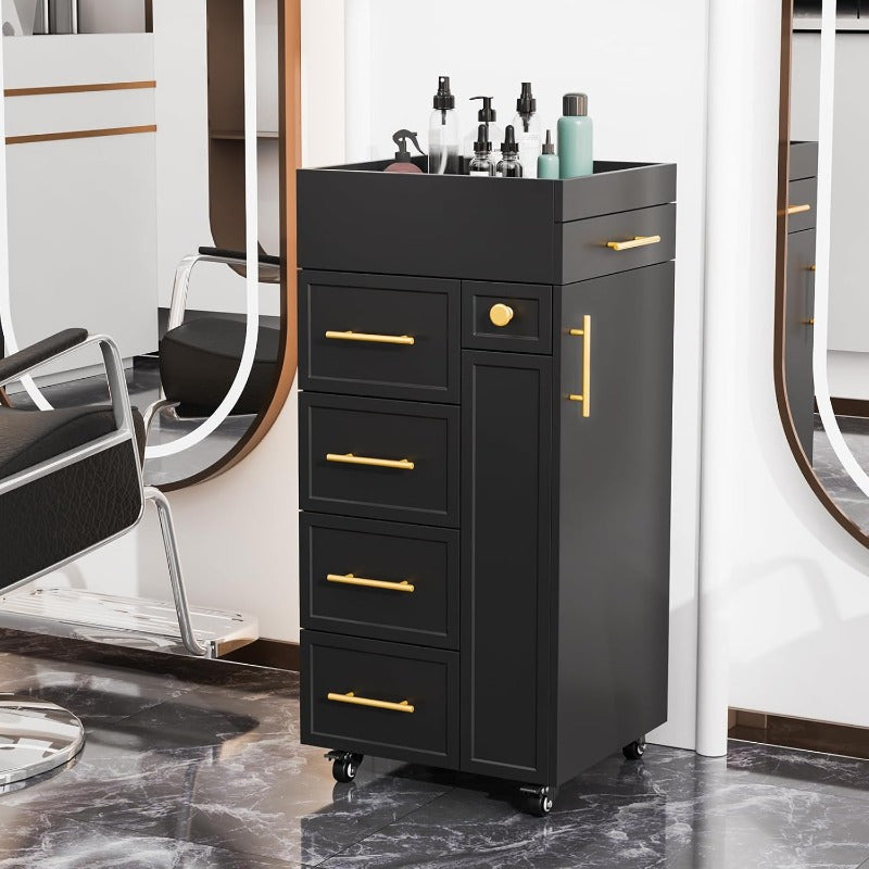 Heavy-Duty Salon Trolley Cart with 5 Drawers, 3 Tool Holders & Adjustable Shelf - Mobile Beauty Station with Locking Wheels, Large Top Surface - Sturdy Wooden Construction for Barber Shop, Salon, Spa, Home - Space-Saving Organizer Cabinet (White/Black) -