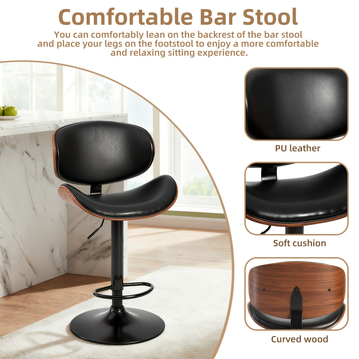 Comfort & Style: Set of 2/4/6 Swivel Bar Stools with Footrest. Features Adjustable Height, Soft PU Leather, And A Sleek Bentwood Frame for Any Space