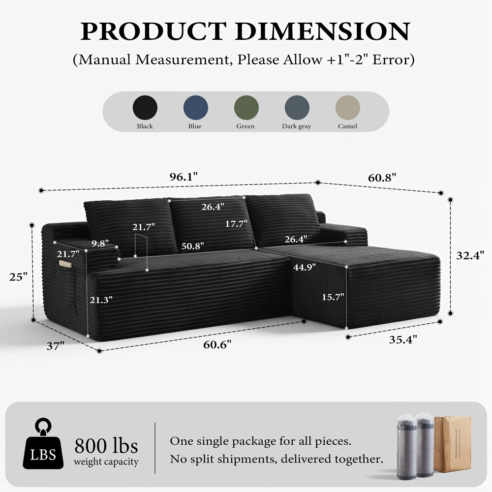 L-Shaped Cloud Sofa, 3-Seater Corduroy Sectional Couch with Oversized Chaise, Deep Seat Modular Sofa, No Assembly Required, Modern Couch for Living Room & Bedroom