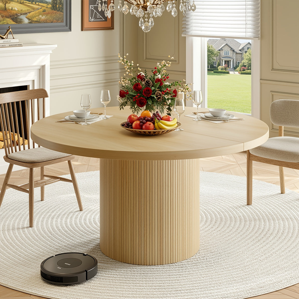 47 Inch Round Dining Table for 4, Circle Kitchen Table with Wood Strip Base, Modern Farmhouse Dinner Tables for Kitchen, Living Room Walnut/Black