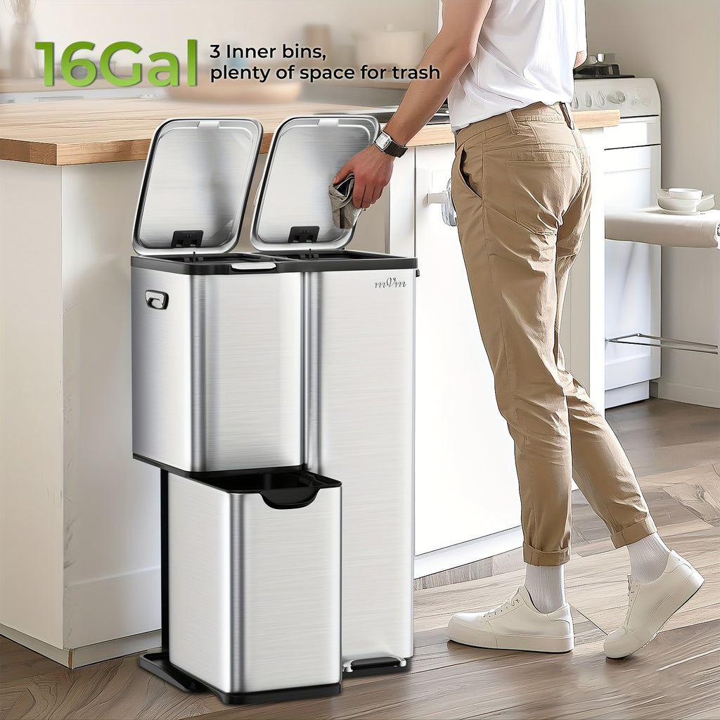 16 Gallon/60L Heavy-Duty Stainless Steel 3-Compartment Trash Can with Dual-Action Pedal & Hands-Free Operation, Odor-Proof Wet/Dry Separation System, Silent Close Lid, Removable Bins - Commercial/Residential Kitchen/Office Waste Disposal