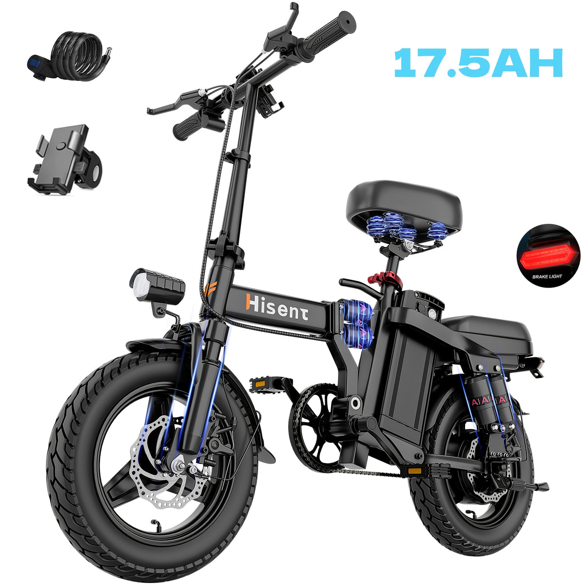 Hisent G11&F9 Folding Electric Bike | Dual Suspension System | Upgraded Frame | 12-35 Miles Range (Optional) | Features Dual Seat, LED Headlight, Disc Brakes, 14-Inch Tires, 500W High-Power Motor, Top Speed Of 19.9 Mph