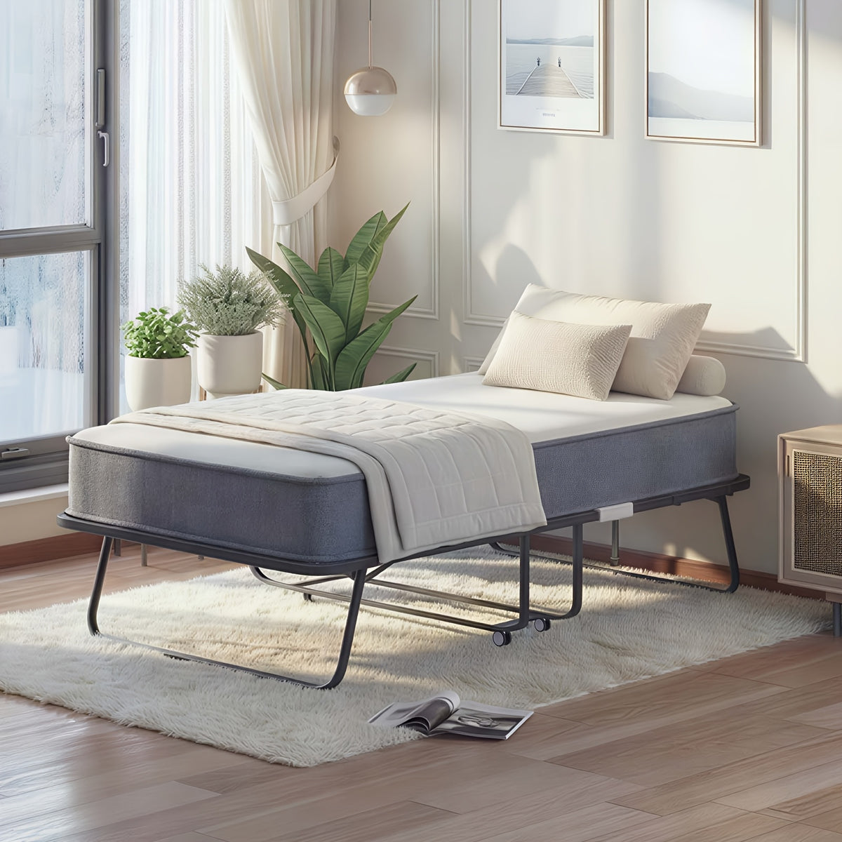 Folding Bed with 4 Inch Memory Foam Mattress, Single Rollaway Bed for Guests, Space Saving Portable Bed with Lockable Wheels, Easy Assembly& Moving, 75 x 31(Standard)