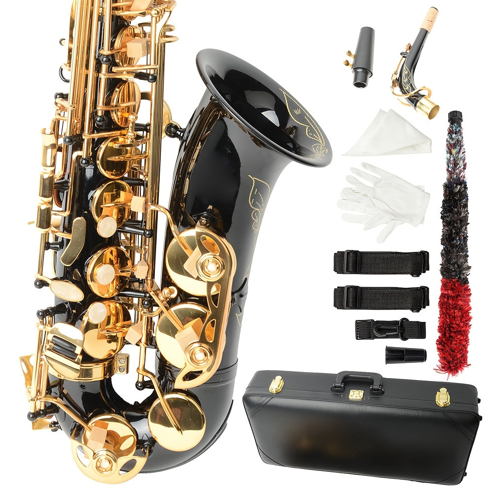Glarry Mid-range Alto Drop E Lacquered Golden Saxophone, with Carve Patterns, Brass Material, Stylish Appearance, Kit with Hard Case, Cleaning Tools, for Beginner, All Experiance Level, Festival/ Birthday Gift for Music Lover
