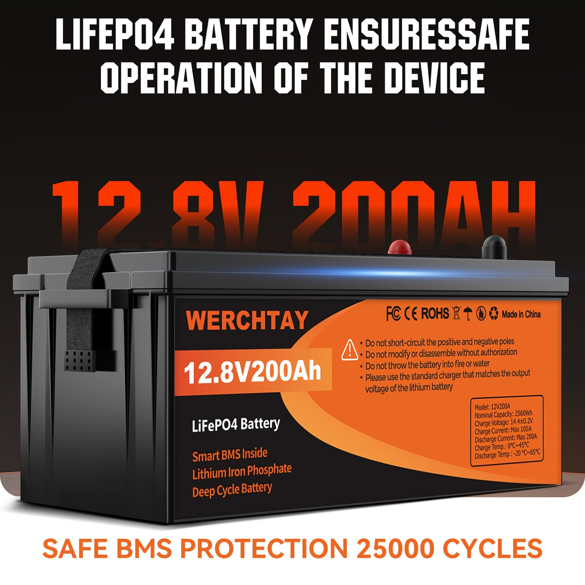 WERCHTAY 12.8V 100Ah/200Ah/300Ah LiFePO4 Battery Built-in BMS Rechargeable Lithium Battery With Up To 25000+ Cycles 1280Wh/2560Wh/3840Wh Higher Energy Density Perfect For Off-Grid, RV, Solar, Motorhome And Boats.--Summer Early Bird