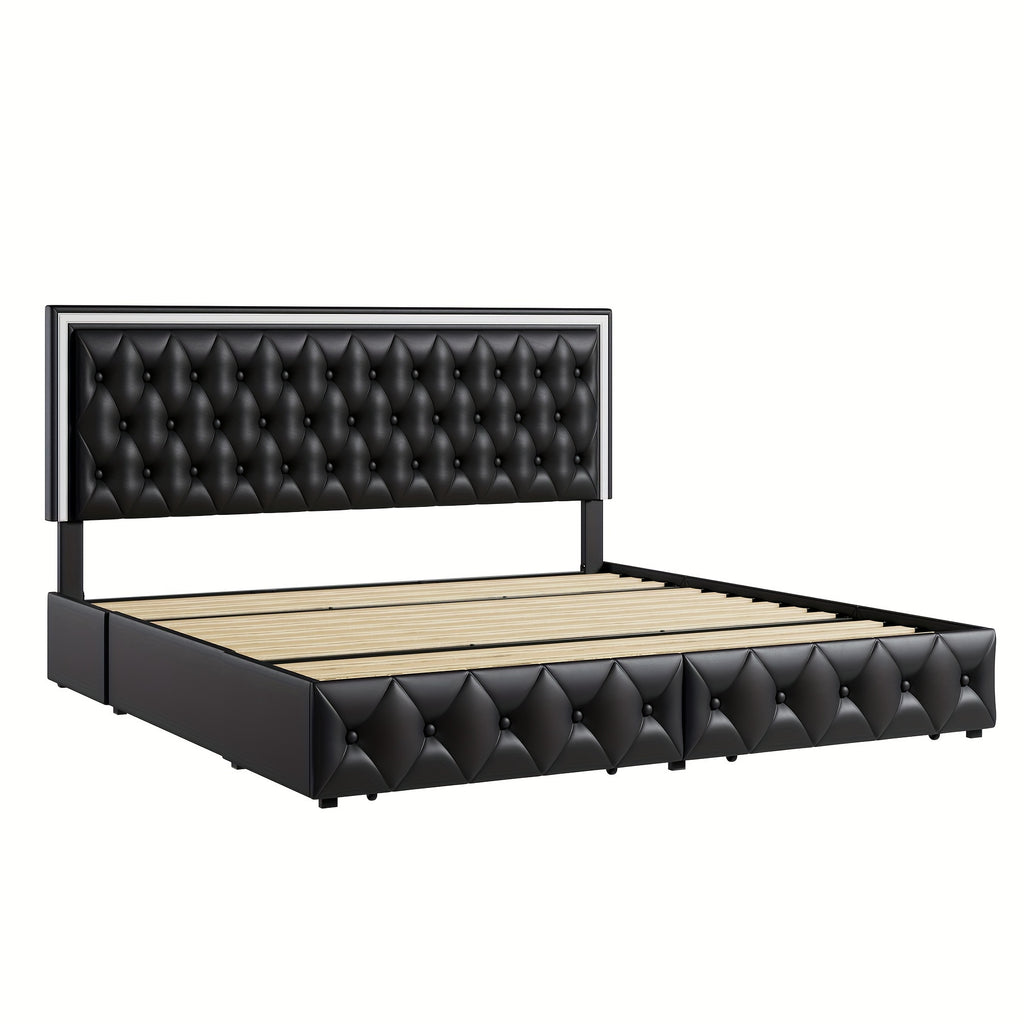 Full/Queen/King Size Modern Bed Frame with LED Headboard & 4 Storage Drawers - Upholstered Platform Bed, Button Tufted Headboard Suitable for Beige/White/Black - Assembly, No Box Spring Needed, Wood-Free