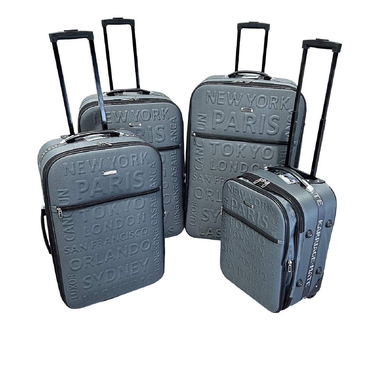 Karriage-Mate 4-Piece Expandable Softside Luggage Set – 20” Carry-On, 25”, 29”, 30” Suitcases – Lightweight Travel Bags with Embossed City Design – Durable Fabric, Telescopic Handles, built-in Lock – Black, Grey, Purple