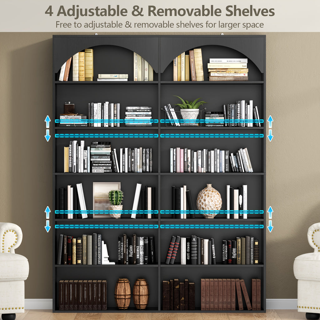 7-Tier Vertical Shelf with Curved Baffle, Tall And Double Wide Bookcase Modern Open Display Shelves Bookshelf for Home Office Living Room, Black, Standing Shelf