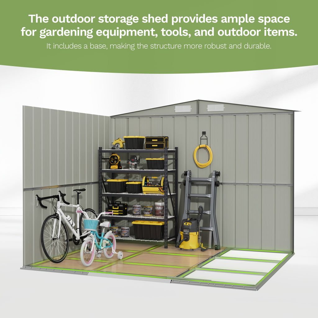 [Garden Storage Shed] GUNJI 5X3 FT And 6X4 FT And 8X6 FT Garden Storage Shed with Base Foundation, Heavy Duty Galvanized Steel Weatherproof Outdoor Tool Shed for Backyard Patio Lawn, Rust Resistant Lockable Door Tool House for Gardening Equipment Bike Sto