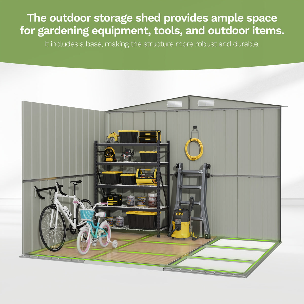 [Garden Storage Shed] GUNJI 5X3 FT And 6X4 FT And 8X6 FT Garden Storage Shed with Base Foundation, Heavy Duty Galvanized Steel Weatherproof Outdoor Tool Shed for Backyard Patio Lawn, Rust Resistant Lockable Door Tool House for Gardening Equipment Bike Sto